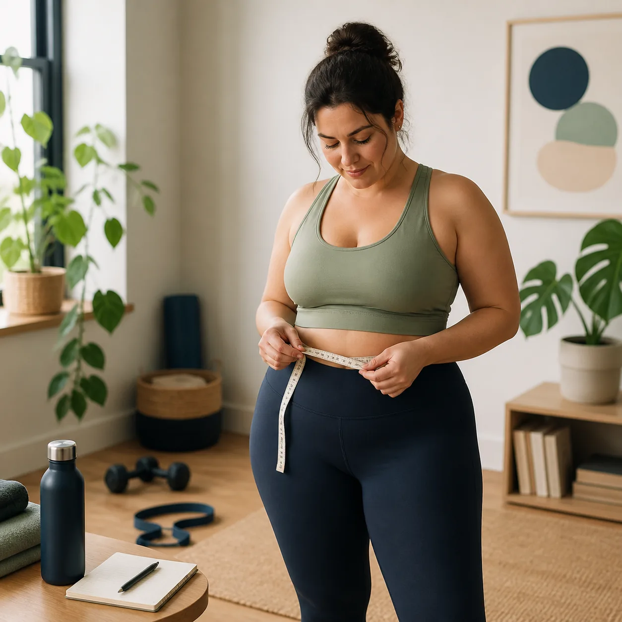 Person measuring waist circumference with a tape measure in a home workout space