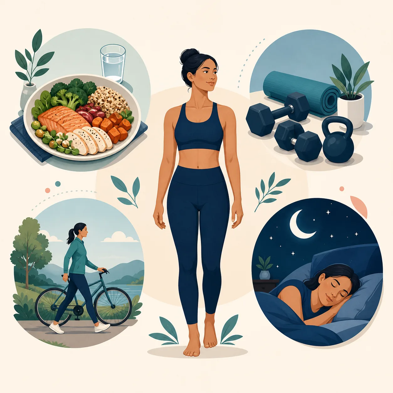 Balanced meal, walking shoes, resistance band, and dumbbell representing practical fat-loss habits