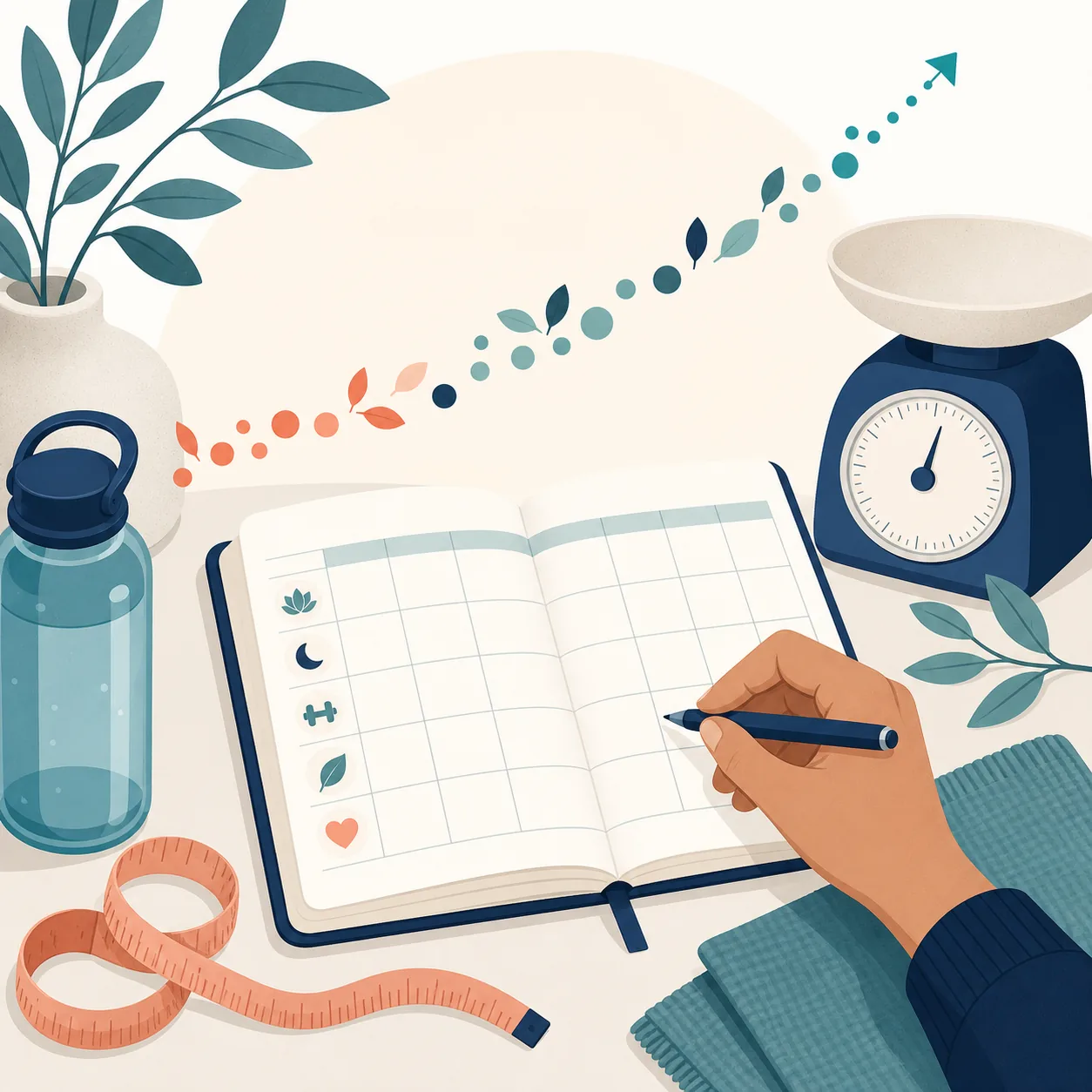 Tape measure, notebook, scale, and calendar arranged for consistent body-composition tracking
