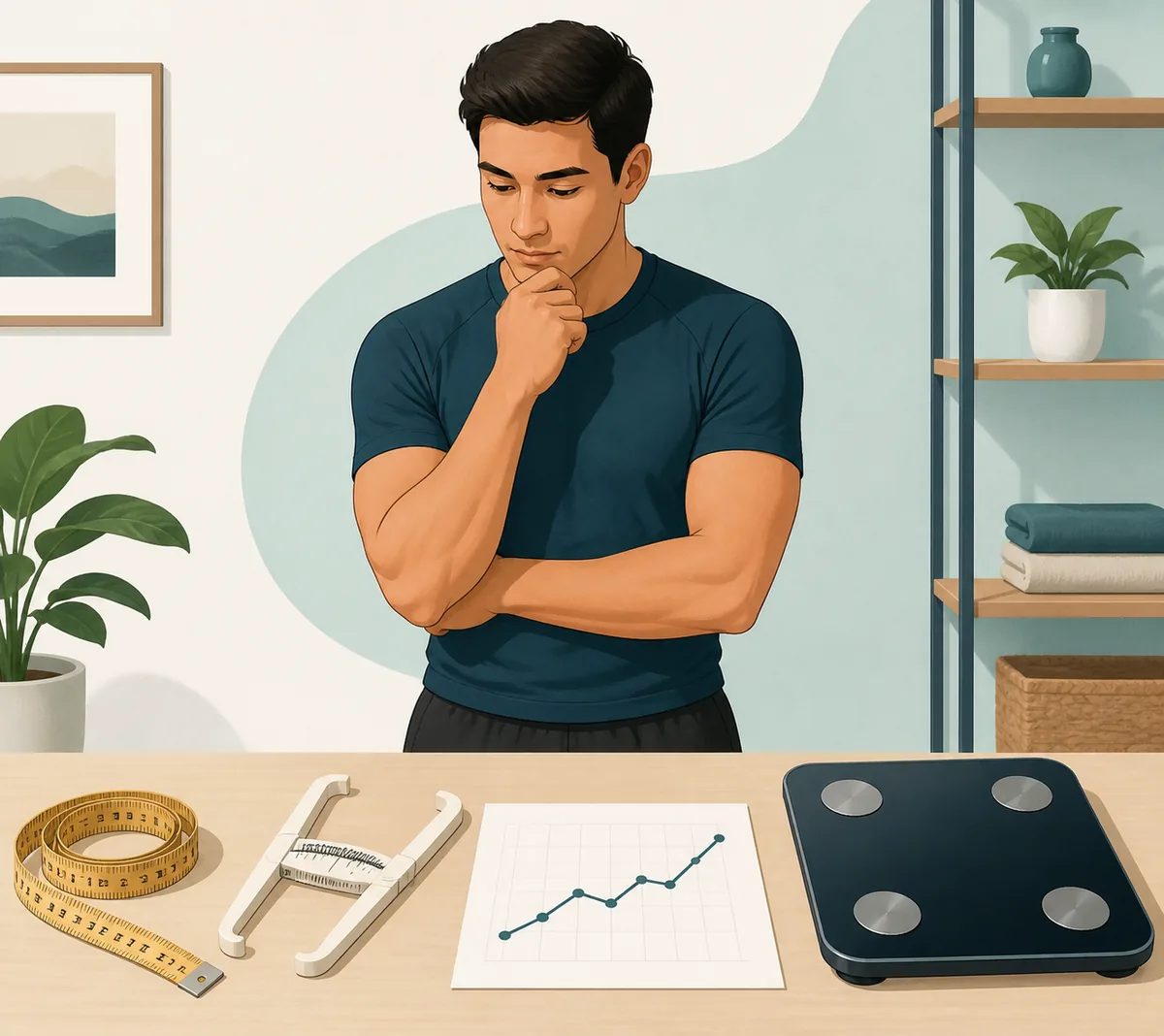 Editorial illustration of a person choosing body fat measurement tools including a tape measure, caliper, smart scale, and progress chart