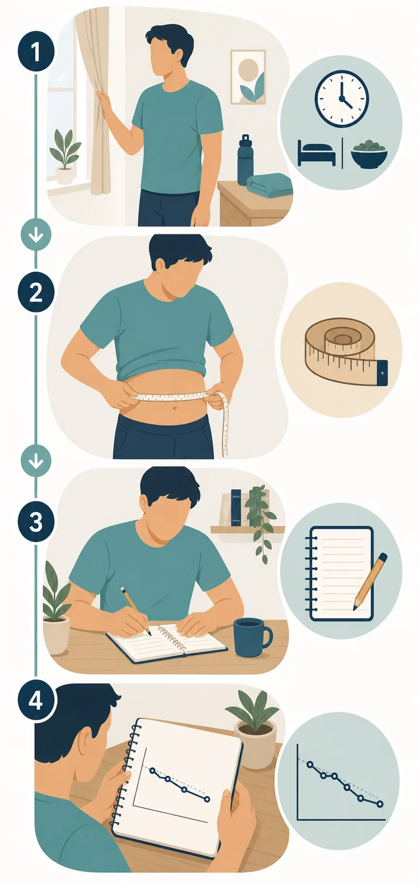 Editorial step flow showing consistent conditions, waist measurement, recording a result, and reviewing body-fat trends
