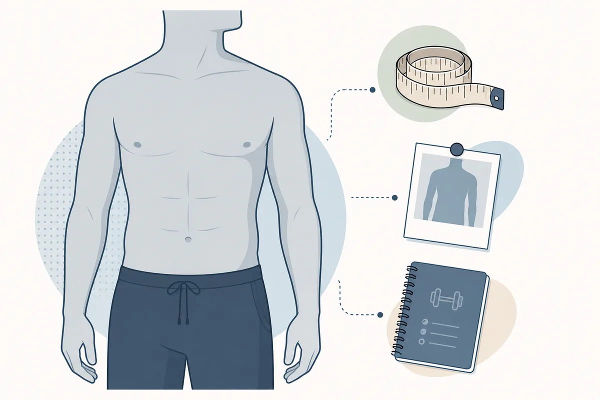 Redaktionelle Illustration zu Körperfett und Bauchdefinition mit Torso, Maßband, Foto und Trainingsnotizbuch