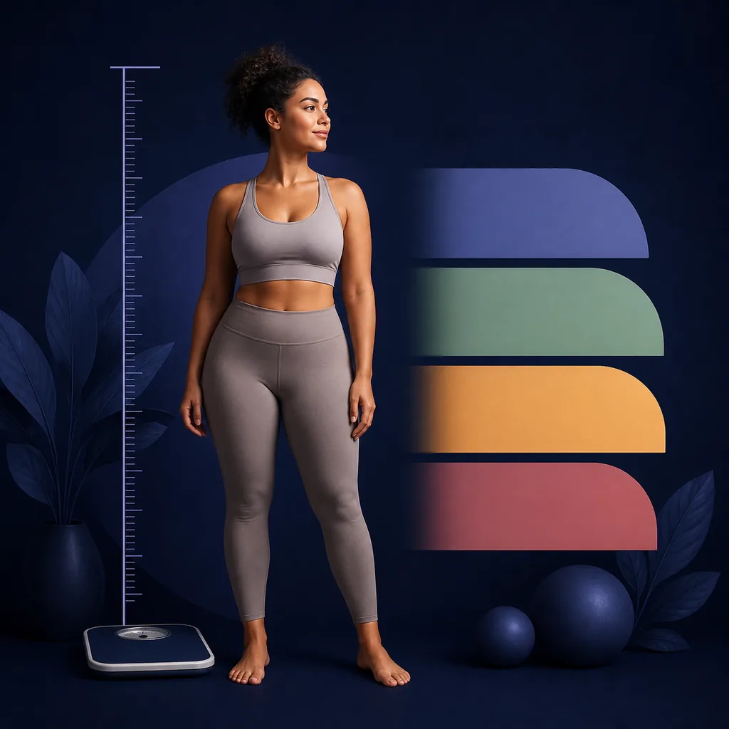 Editorial illustration of a woman beside a height scale and abstract BMI range bands